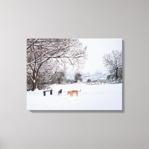 snow scene landscape with trees & rooftops art canvas print