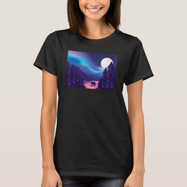 Snow Scene Polar Bear Silhouette w Moon and Aurora T-Shirt (Front)