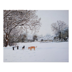 snow scene winter landscape with trees and dogs poster