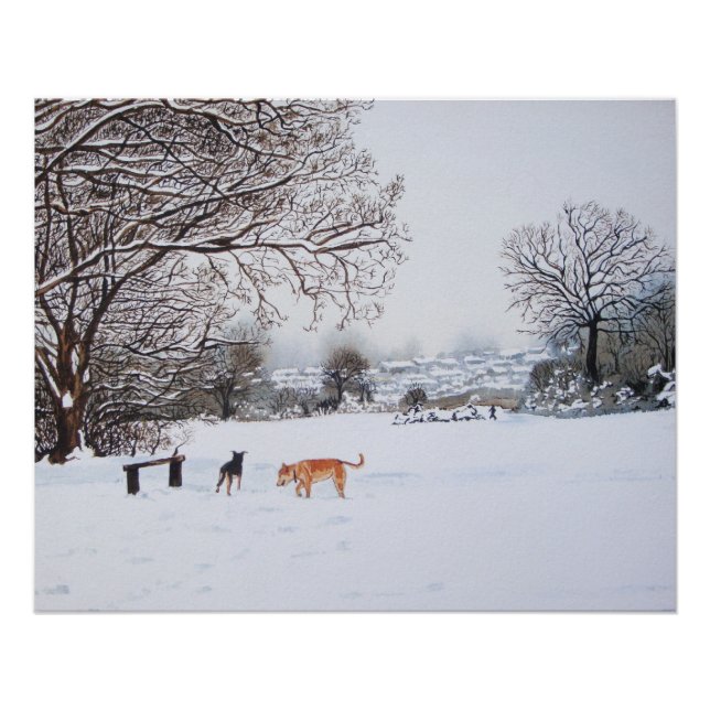 snow scene winter landscape with trees and dogs poster (Front)