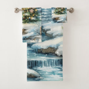 Snow Scene  with Christmas Tree Winter  Bath Towel Set