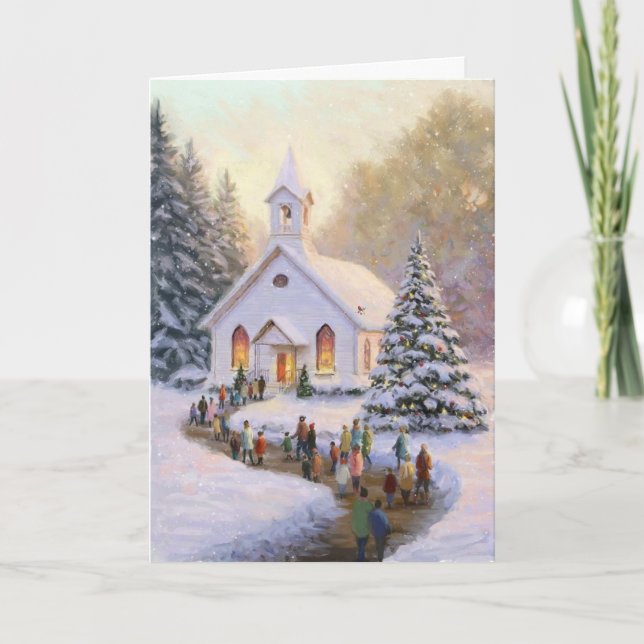 Snow scene with church and parishioners card (Front)