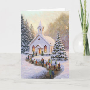 Snow scene with church and parishioners card