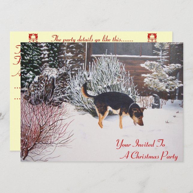 snow scene with cute black and tan dog christmas invitation (Front/Back)