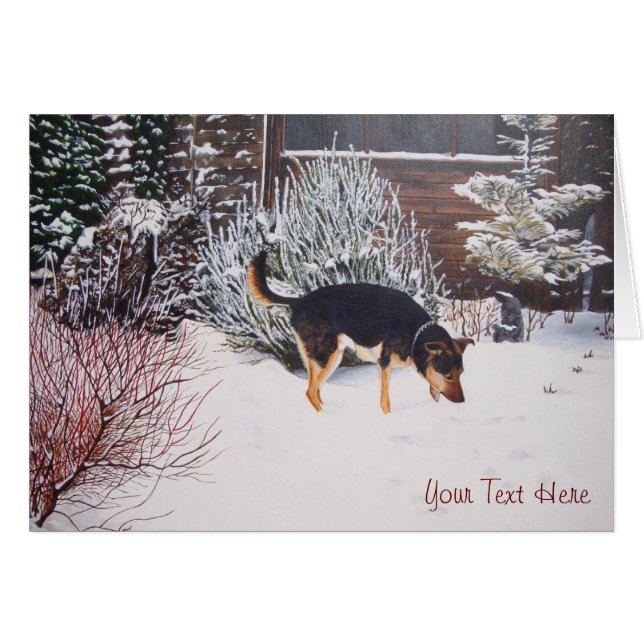 snow scene with cute black & tan dog at christmas (Front Horizontal)