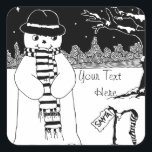 snow scene with cute snowman for Christmas Square Sticker<br><div class="desc">The stars a twinkling and the snow has fallen and this cute smiling snowman is looking at his stripy Christmas stocking in anticipation and hoping for Santa to drop by and fill it up with lots of special Christmas gifts. Mr snowman is wearing his best hat and scarf to make...</div>