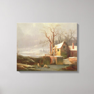 Snow Scene with Mill and Cottages Canvas Print