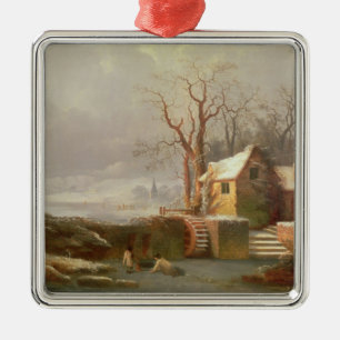 Snow Scene with Mill and Cottages Metal Tree Decoration