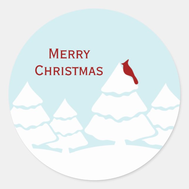 Snow Scene with Red Cardinal Merry Christmas Classic Round Sticker (Front)
