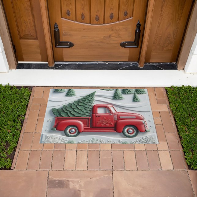 Snow Scene with Red Truck Door Mat (Outdoor)