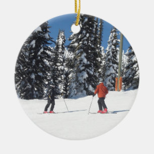 Snow Scene with Skiers and Snow Covered Trees Ceramic Tree Decoration