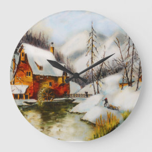 Snow scene with water wheel large clock