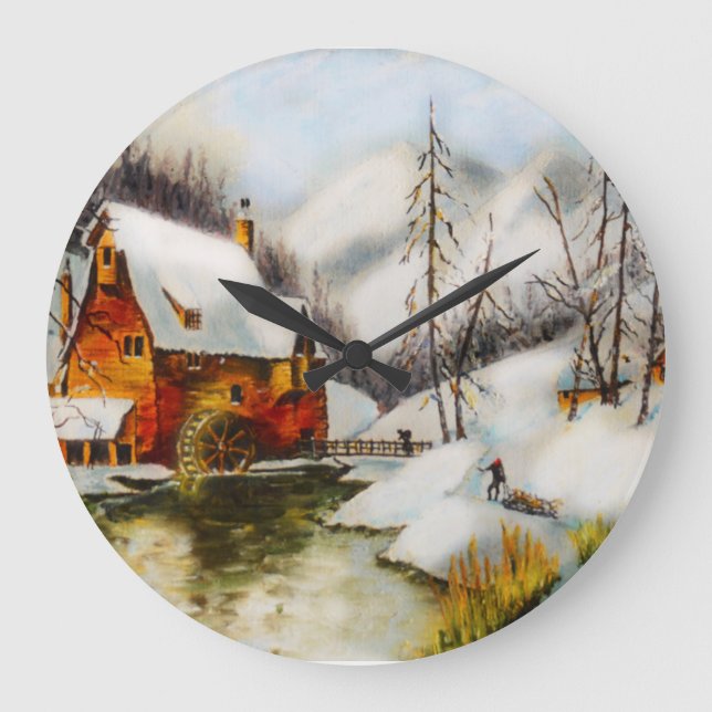 Snow scene with water wheel large clock (Front)