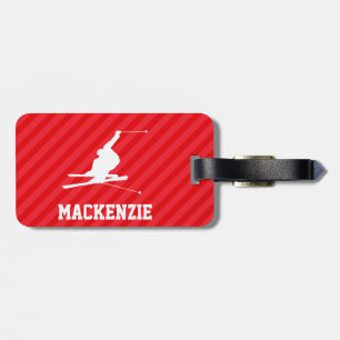 Snow Ski; Scarlet Red Stripes Luggage Tag