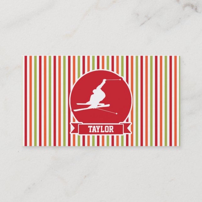 Snow Ski, Skiing, Red, Orange, Green Stripes Business Card (Back)