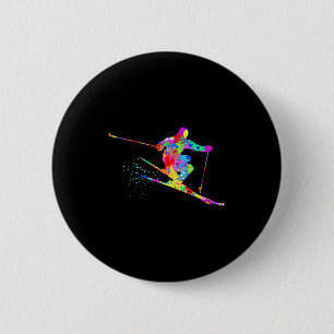 Snow skier cool rainbow art splatter winter skiing 6 cm round badge