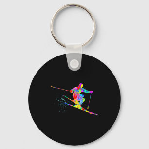 Snow skier cool rainbow art splatter winter skiing key ring