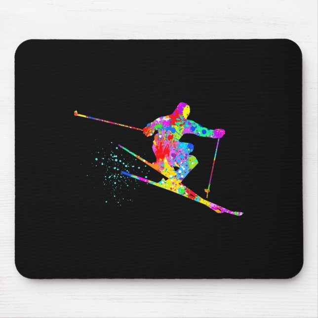 Snow skier cool rainbow art splatter winter skiing mouse mat (Front)