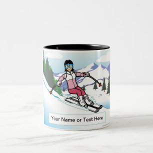 Snow Skier - Female Cartoon by PrintedPerfection Two-Tone Coffee Mug