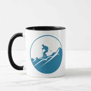 Snow Skier Skiing Down Rocky Mountains Blue and Wh Mug