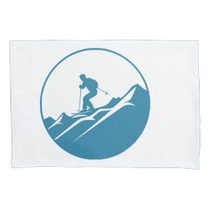 Snow Skier Skiing Down Rocky Mountains Blue and Wh Pillowcase