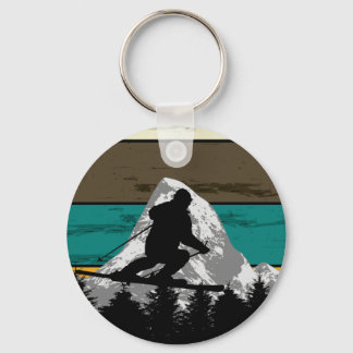 Snow Skiing Mountain Slopes Retro Silhouette Man Key Ring