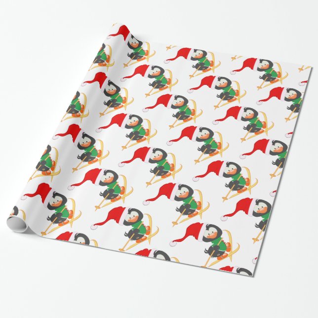 Snow Skiing Penguin Wrapping Paper (Unrolled)