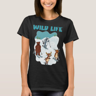 Snow Skiing With Deer Racoon Moose Bear Skier T-Shirt
