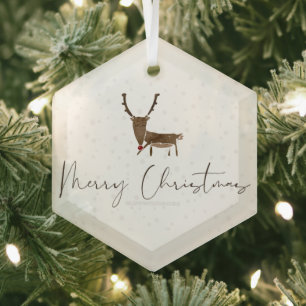 snow SlipperyJoe Merry Christmas reindeer red-nose Glass Tree Decoration