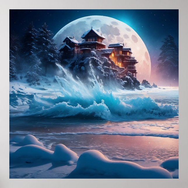 Snow Snowflakes,  Full Moon with Beach Poster (Front)
