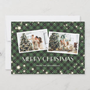 Snow Stars Green Plaid Photo Merry Christmas Holiday Card