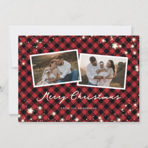 Snow Stars Script Red Plaid 2 Photo Christmas Holiday Card