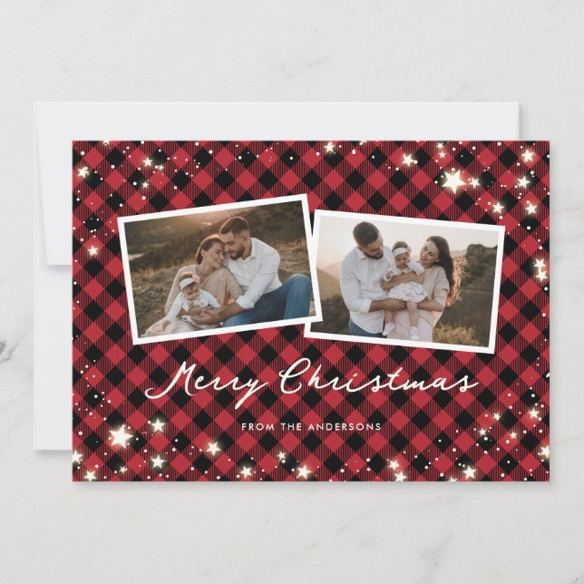 Snow Stars Script Red Plaid 2 Photo Christmas Holiday Card (Front)