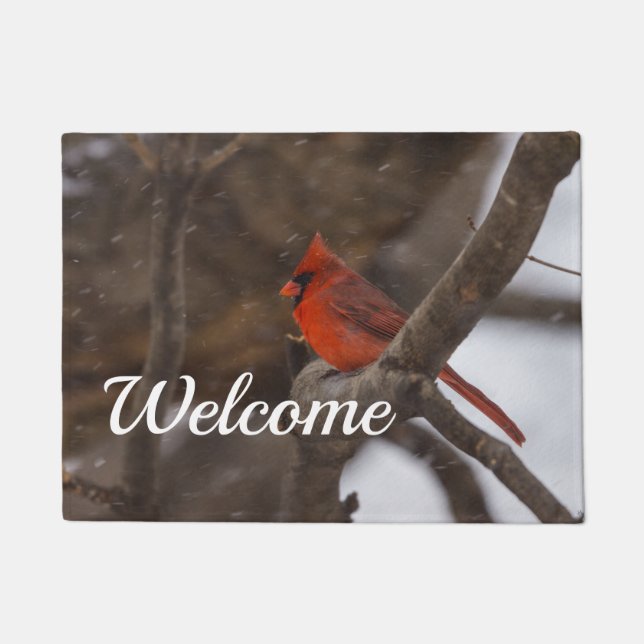 Snow Storm Cardinal Welcome Doormat (Front)
