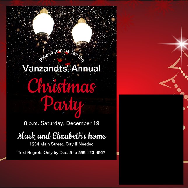 Snow Street Lights Black White Red Christmas Party Invitation (Creator Uploaded)