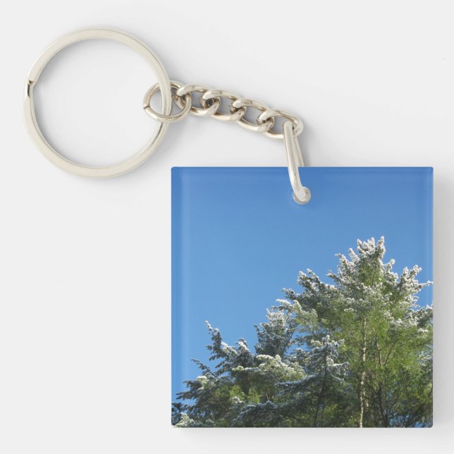 Snow-tipped Pine Tree on Blue Sky Key Ring (Front)