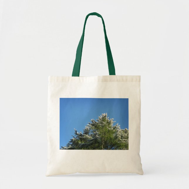 Snow-tipped Pine Tree on Blue Sky Tote Bag (Front)