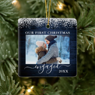 Snow Top Blue Wood First Christmas Engaged Photo Ceramic Ornament