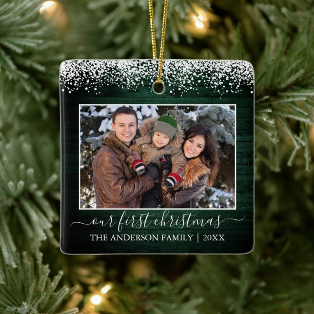 Snow Top Green Wood Our First Christmas Photo Ceramic Ornament (Tree)
