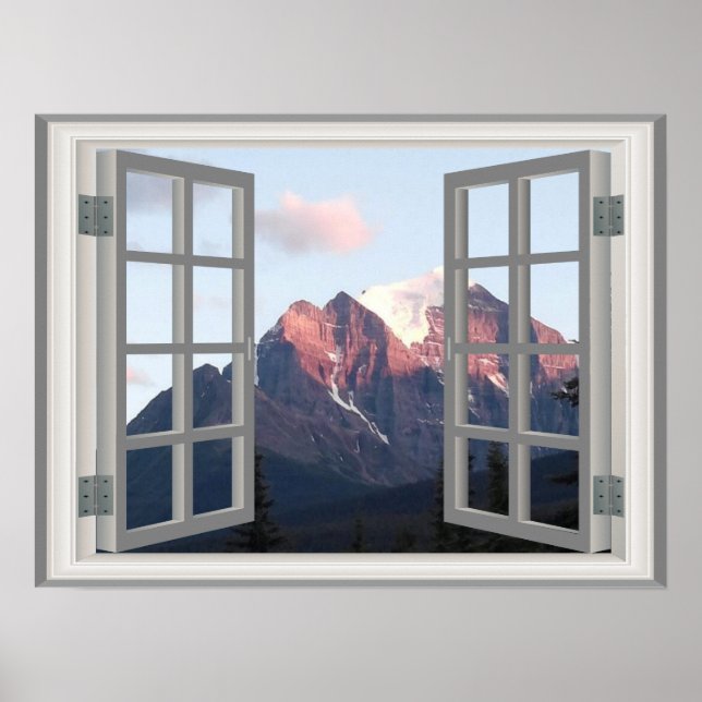 Snow Top Mountain Faux Window View Poster (Front)