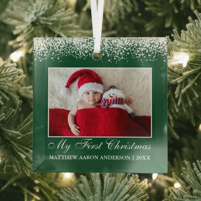 Snow Top My First Christmas Baby Photo Green Glass Tree Decoration (Insitu)