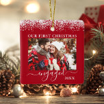 Snow Top Our First Christmas Engaged Photo Red Ceramic Ornament<br><div class="desc">Snow Topped Our First Christmas Engaged Double Sided Photo Red Ornament - Front & Back Photos,  Names on Back</div>