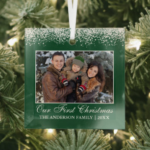 Snow Top Our First Christmas Family Photo Green Glass Tree Decoration