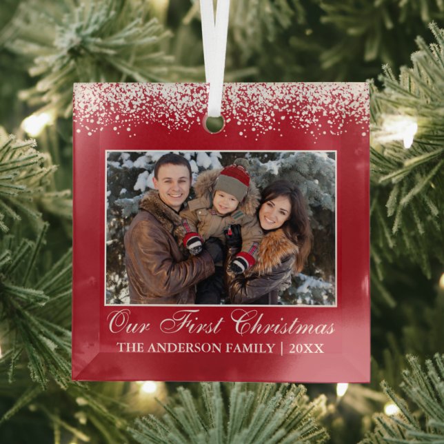 Snow Top Our First Christmas Family Photo Red Glass Tree Decoration (Insitu)