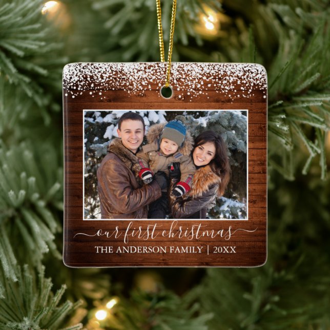 Snow Top Wood Our First Christmas Family Photo Ceramic Ornament (Tree)