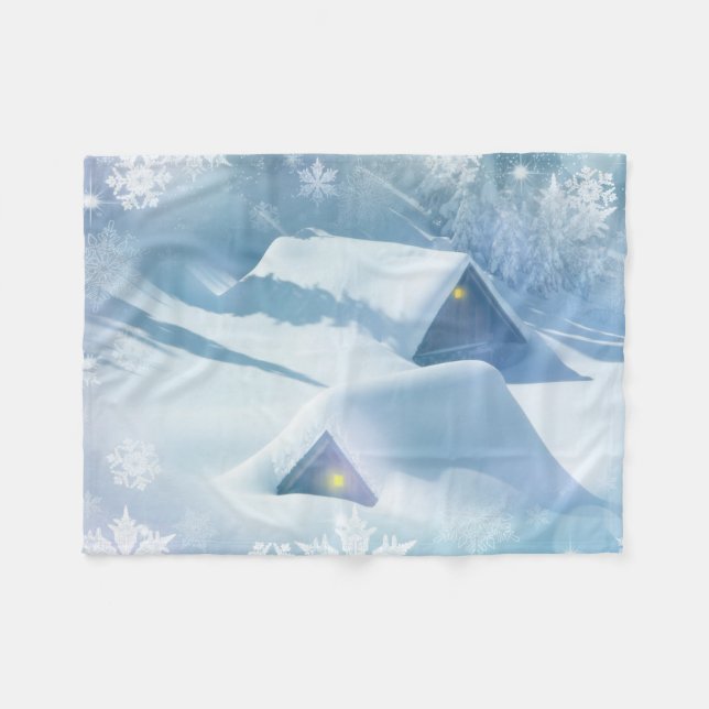 Snow topped roof in a forest fleece blanket (Front (Horizontal))