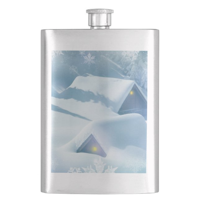 Snow topped roof in a forest hip flask (Front)