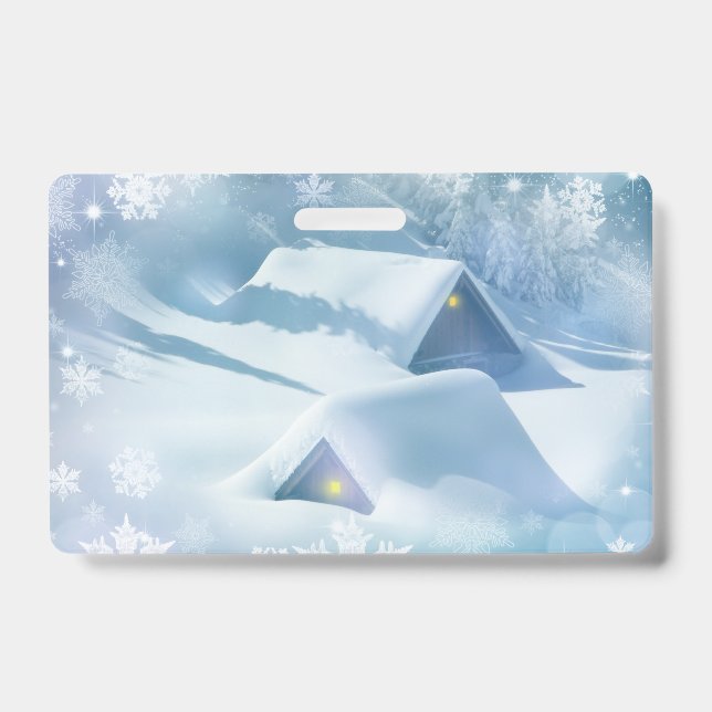 Snow topped roof in a forest ID badge (Front)