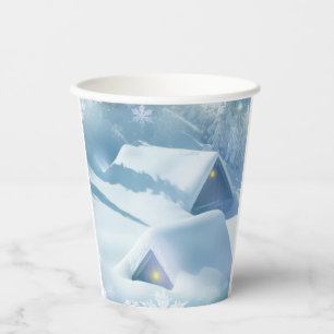 Snow topped roof in a forest paper cups