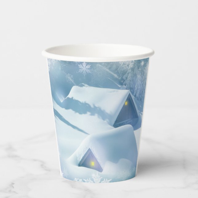 Snow topped roof in a forest paper cups (Front)